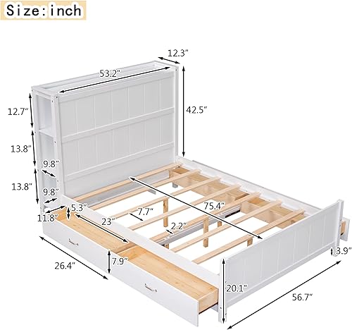 Miniatura 106 de Cama de plataforma de tamaño Queen con cabecero y cajones, marco de cama de plataforma de madera maciza con estantes, puertos USB y enchufes, marco