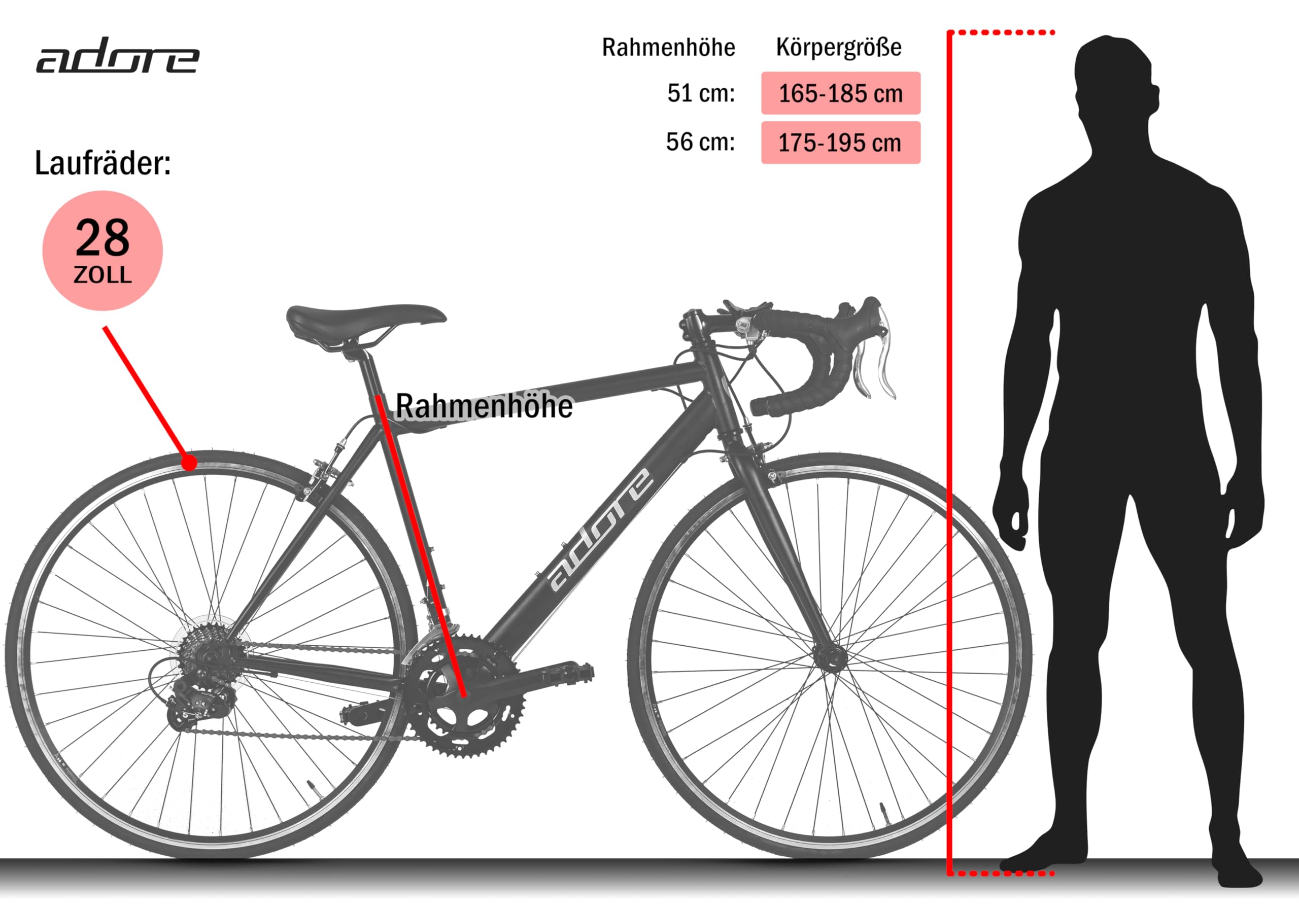 Adore Rennrad 28'' Racer Schwarz 14 Gänge RH 51 cm