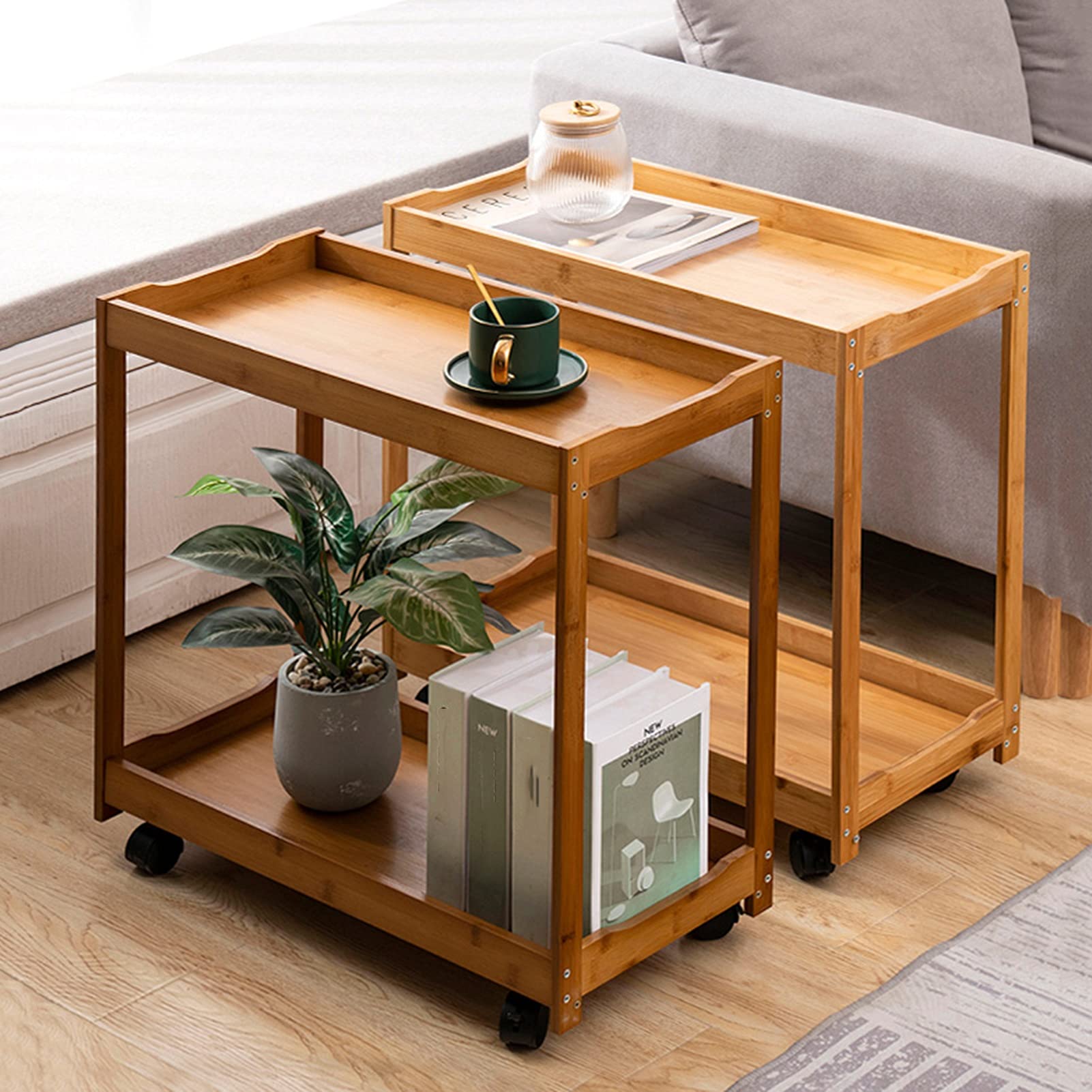 Mesa Camarera Carro de Servicio, Carro Almacenamiento Madera Refuerzo Borde Rueda Universal con Freno 360 ​​°, Rack Almacenamiento 2 Niveles Teniendo 50KG El Lado del Sofá