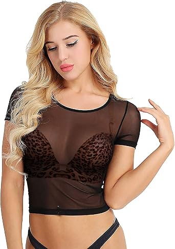Ypser Womens Fishnet Mesh Crop Tops Long Sleeve Sheer Net T-Shirt Tee