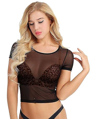 Ypser Women's Short Sleeve Mesh Crop Tops Sheer Blouse T Shirt Tee - Black - Medium-Large