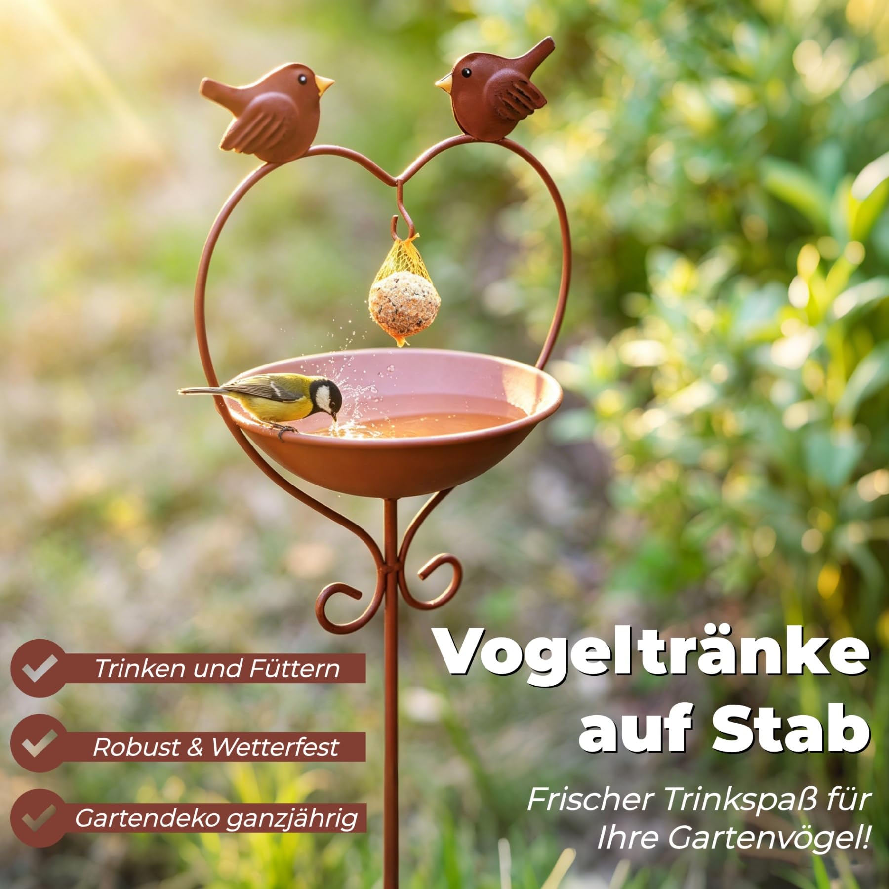 Vogeltränke Stehend Winterfest Metall, Vogelbad für Wildvögel | H 115 cm Ø15cm Vogel Futterstation mit Meisenknödelhalter Rostoptik Regenfänger Gartendeko