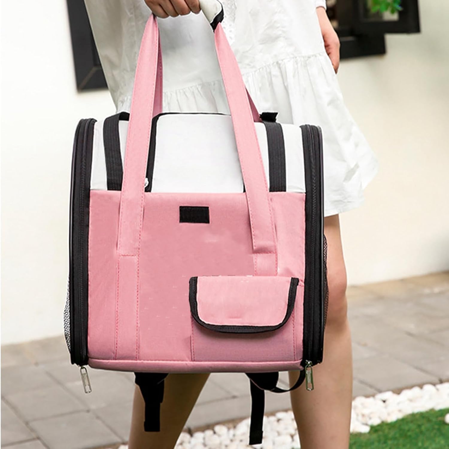 Pet Backpack, Large Capacity Nylon Carrier with Breathable Mesh, Portable Cat and Small Dog Backpack for Outdoor Travel (Orange Pink)