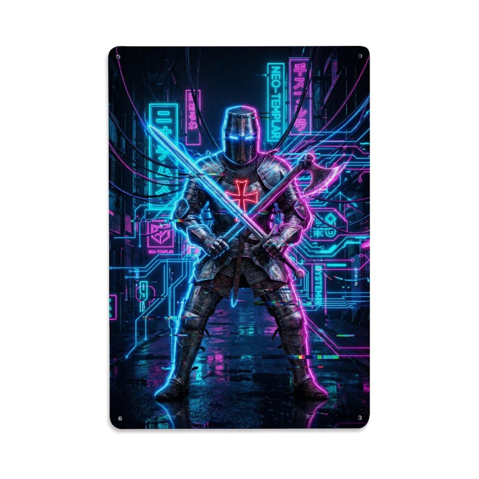 Olhnbad Style Templar Knight Sword Fighter Medieval Armour Neon Metal Tin Sign