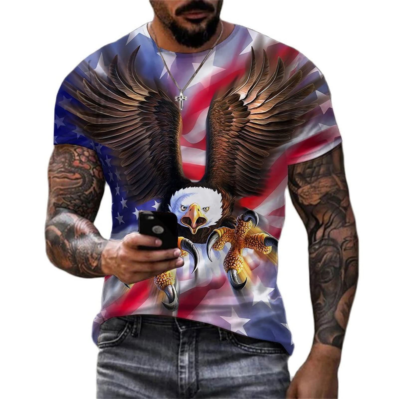 Wavotiq Men's # 3 American Flag And Eagle Print T-Shirt Short Sleeve Polyester Fiber T-Shirt