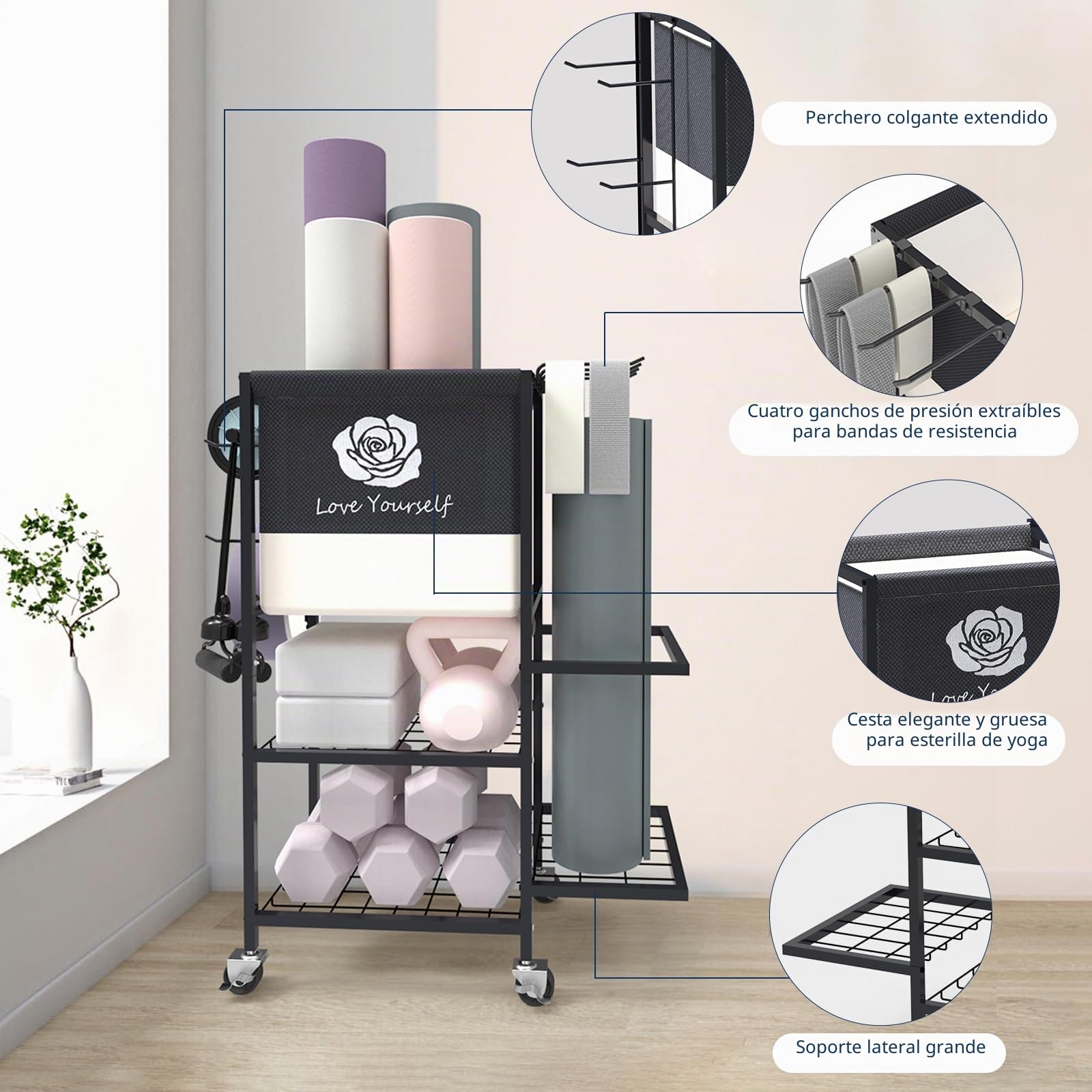 Estante de almacenamiento para esterilla de yoga, estante de almacenamiento de gimnasio en casa, organizador de almacenamiento de equipo de entrenamiento, estante de pesas con ruedas para esterilla de