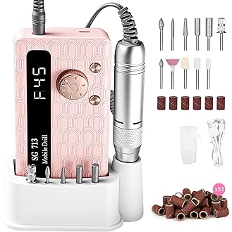 Electric Nail Drill - 45000RPM Portable Nail Drill丨Rechargeable Nail E-File Kit with 11 Bits & Base丨LED Screen丨Ultra-Silent, Rechargeable Nail Drills Machine for Acrylic Nails Gel Polishing(Pink)