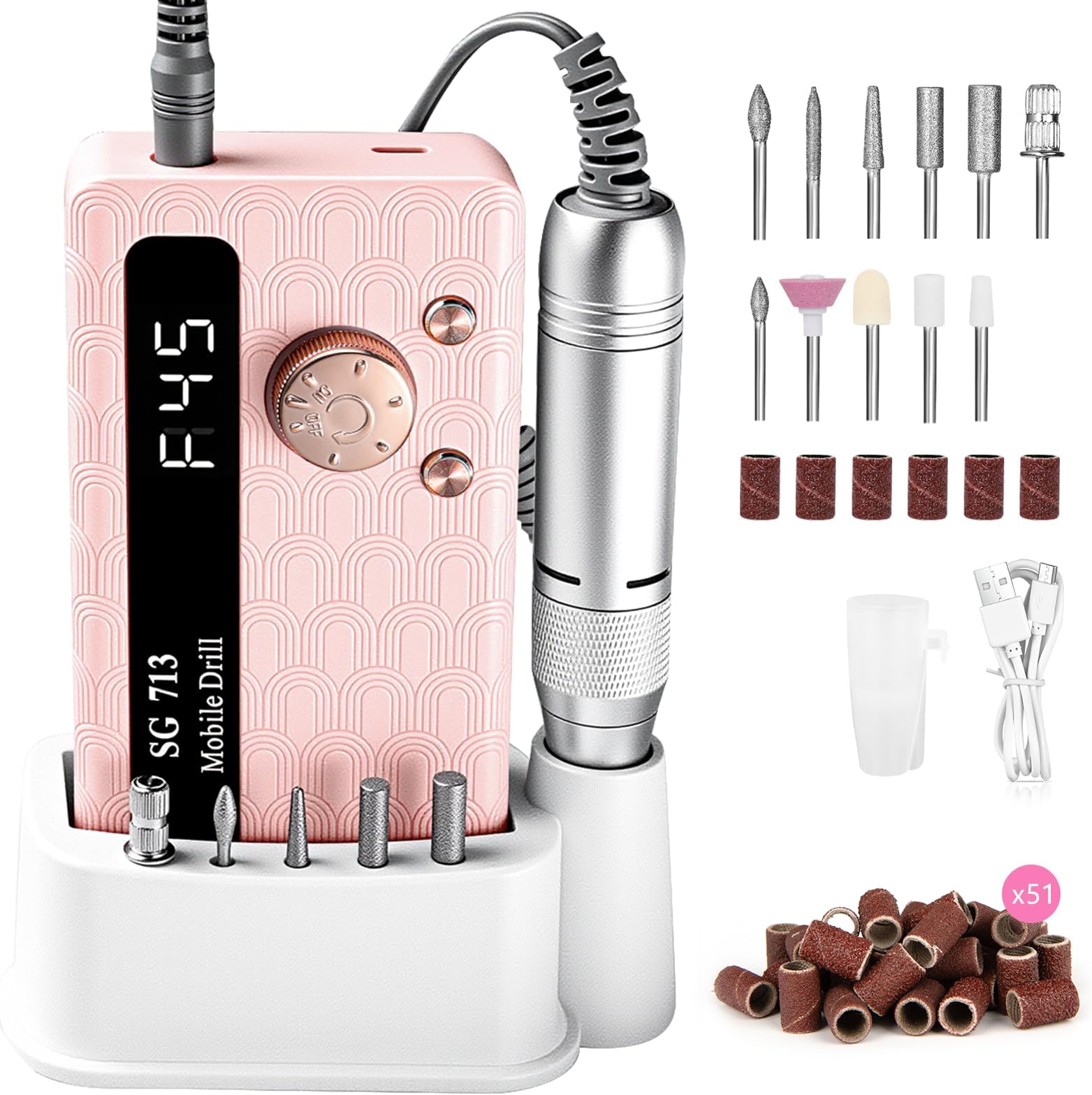 Electric Nail Drill - 45000RPM Portable Nail Drill丨Rechargeable Nail E-File Kit with 11 Bits & Base丨LED Screen丨Ultra-Silent, Rechargeable Nail Drills Machine for Acrylic Nails Gel Polishing(Pink)