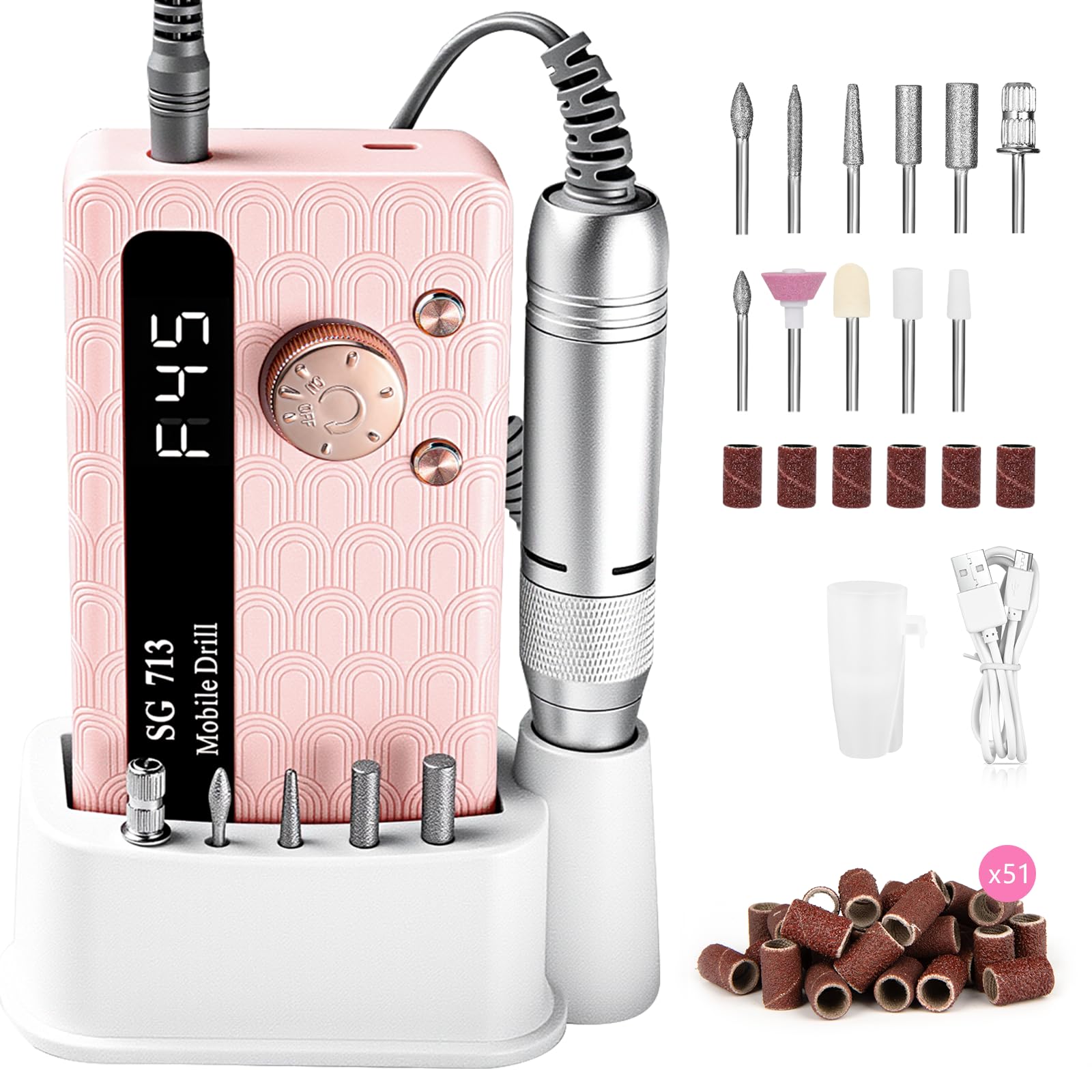Electric Nail Drill - 45000RPM Portable Nail Drill丨Rechargeable Nail E-File Kit with 11 Bits & Base丨LED Screen丨Ultra-Silent, Rechargeable Nail Drills Machine for Acrylic Nails Gel Polishing(Pink)