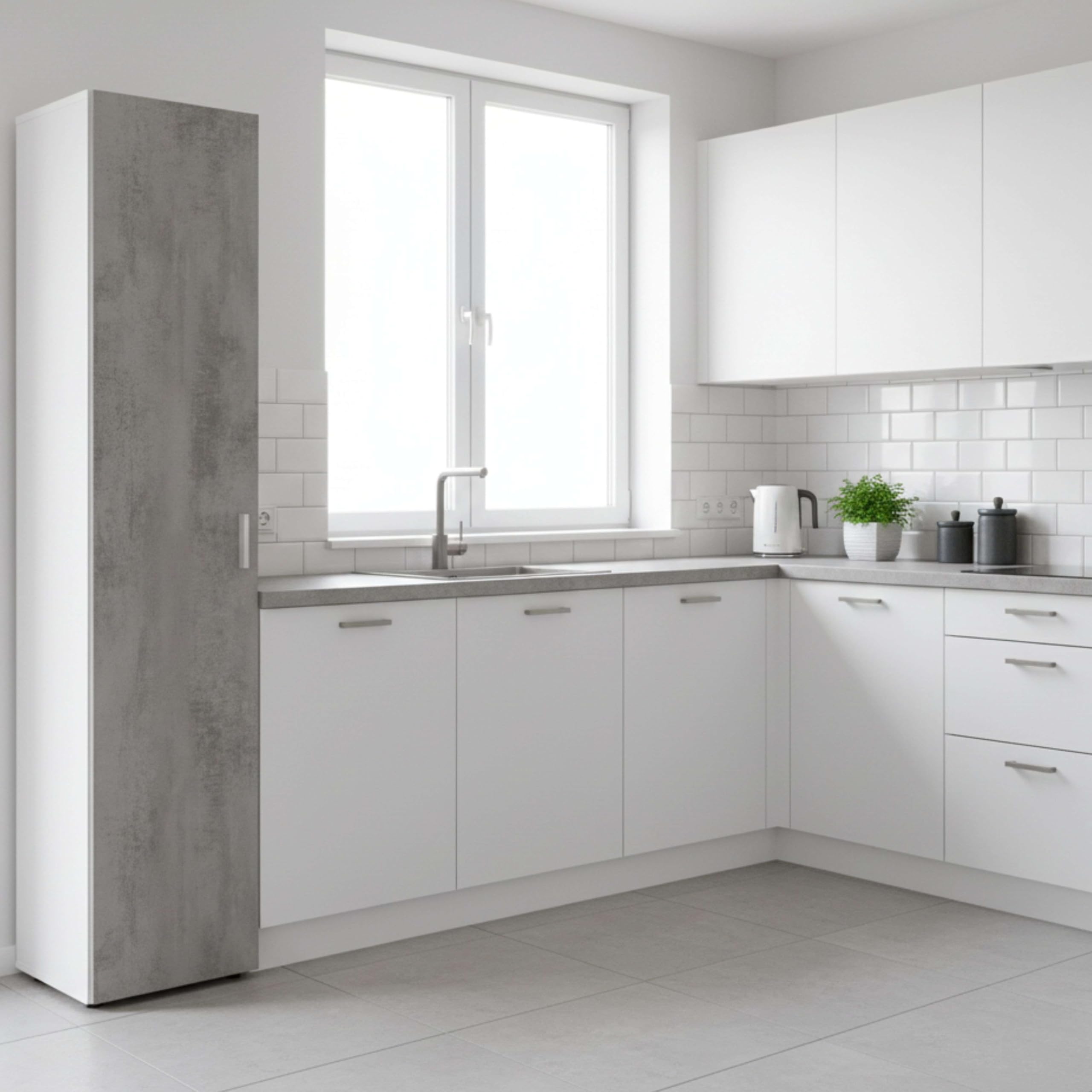 Habitdesign Armoire multifonction 1 porte 3 étagères 182 x 41 x 37 cm Colonne de rangement Blanc « Artik » et gris ciment
