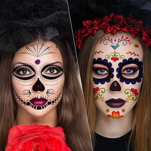 Miniatura 5 de 3 otters Tatuajes faciales de Halloween, 19 unidades, tatuajes temporales de calavera de azúcar y esqueleto para el día de los muertos, fiestas de