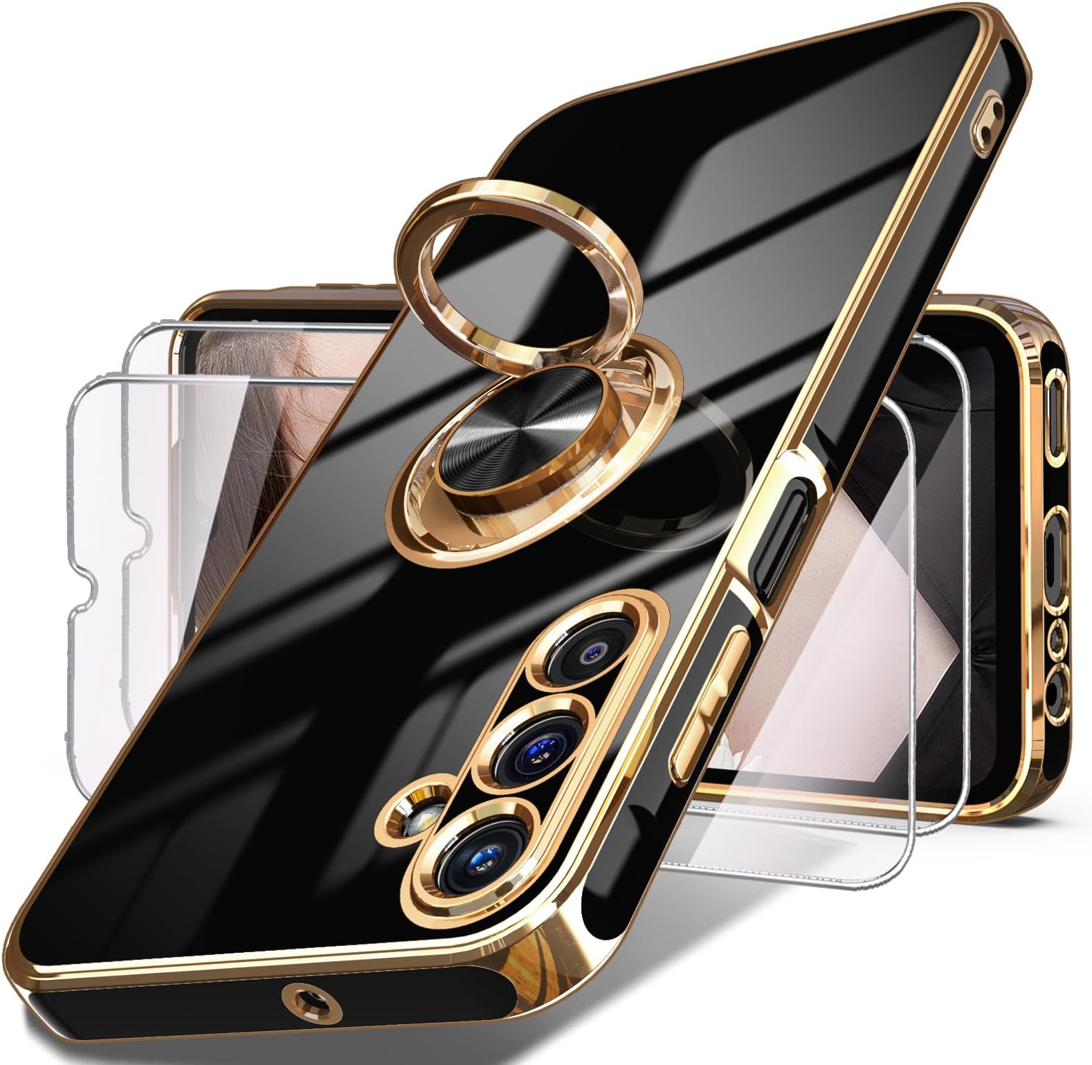 Dretal for Samsung Galaxy A15 5G Case, Screen Protector, 360° Rotatable Ring Holder Magnetic Kickstand,Plated Gold Edge Slim Soft TPU Protective Phone Cover for Galaxy A15 5G (Black)