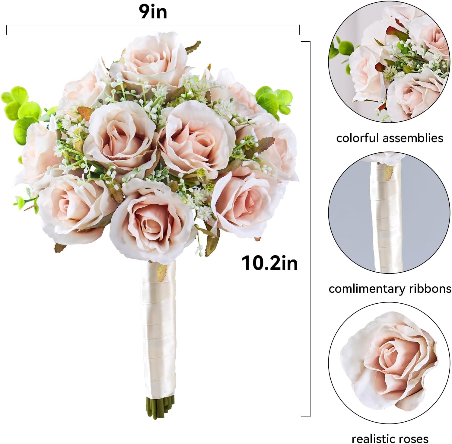 Pink Champagne Roses 10 in, Fake Flowers Wedding Bouquets for Bride, Wedding Silk Artificial Flowers 10pcs for Wedding Party, Ceremony, Anniversary & Home Decor (Come with 3 Styles of 4.5 ft Ribbons) - Image 2