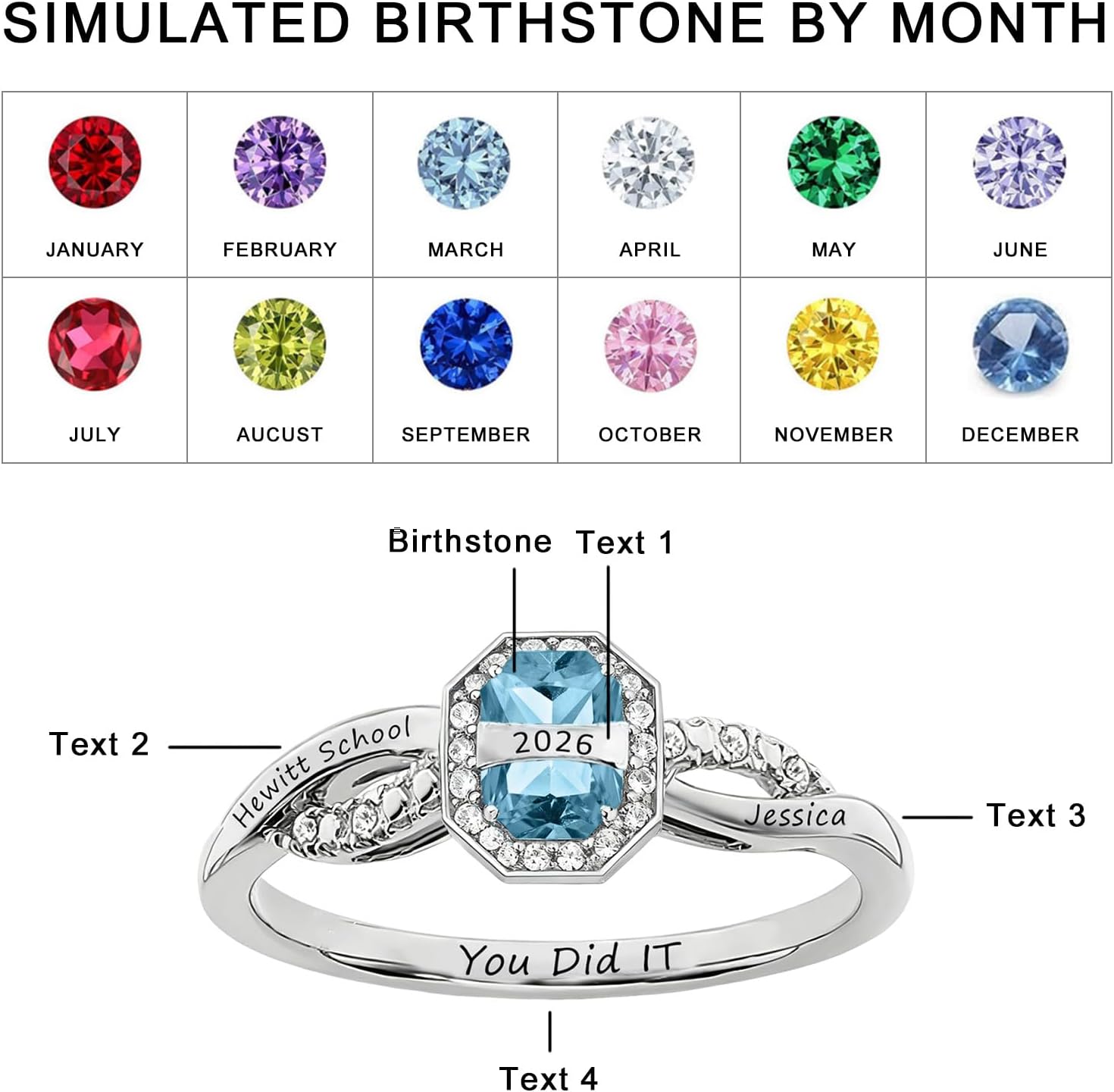 Personalized Class Ring 925 Sterling Silver High School College Graduation Ring with Birthstones Class of 2025 Graduation Jewelry Gifts for Women(style 27)