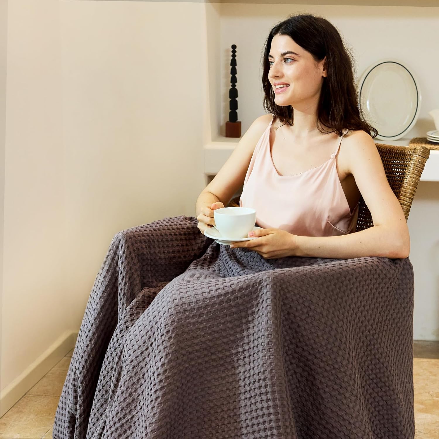 100% Cotton Waffle Weave Sofa Blanket, Lunch Break, Queen Bed, Outdoor Camping Blanket. (Coffee Color, 66 ×90 inches) - Image 4