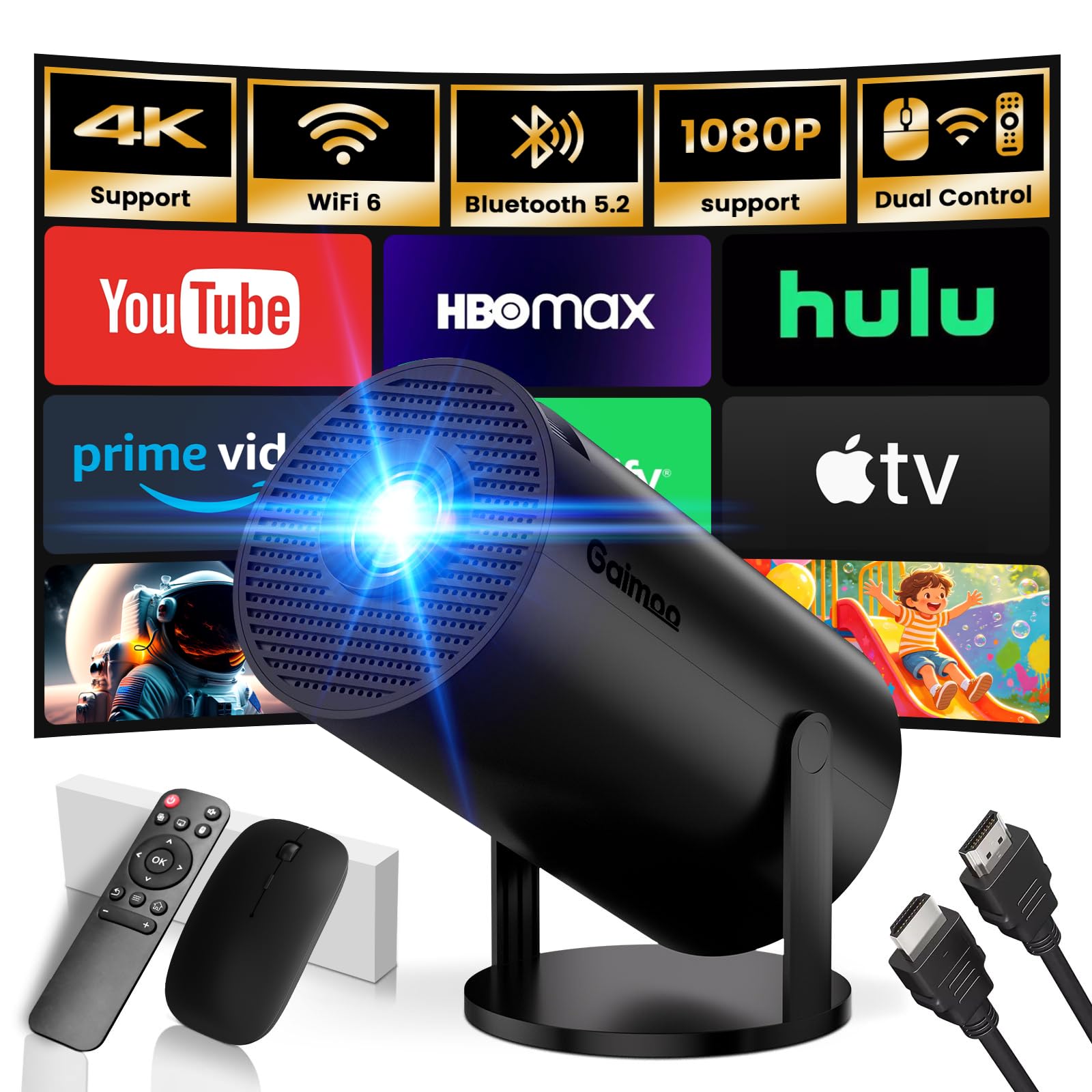 [2026 Modelo & App integrada] Proyector Portátil Soporte 4K 1080P Mini Proyector Dual Control con Ratón WiFi 6 BT5.2 Auto Keystone 180° Rotation Compatible con HDMI/TV Stick/USB/Laptop, Negro