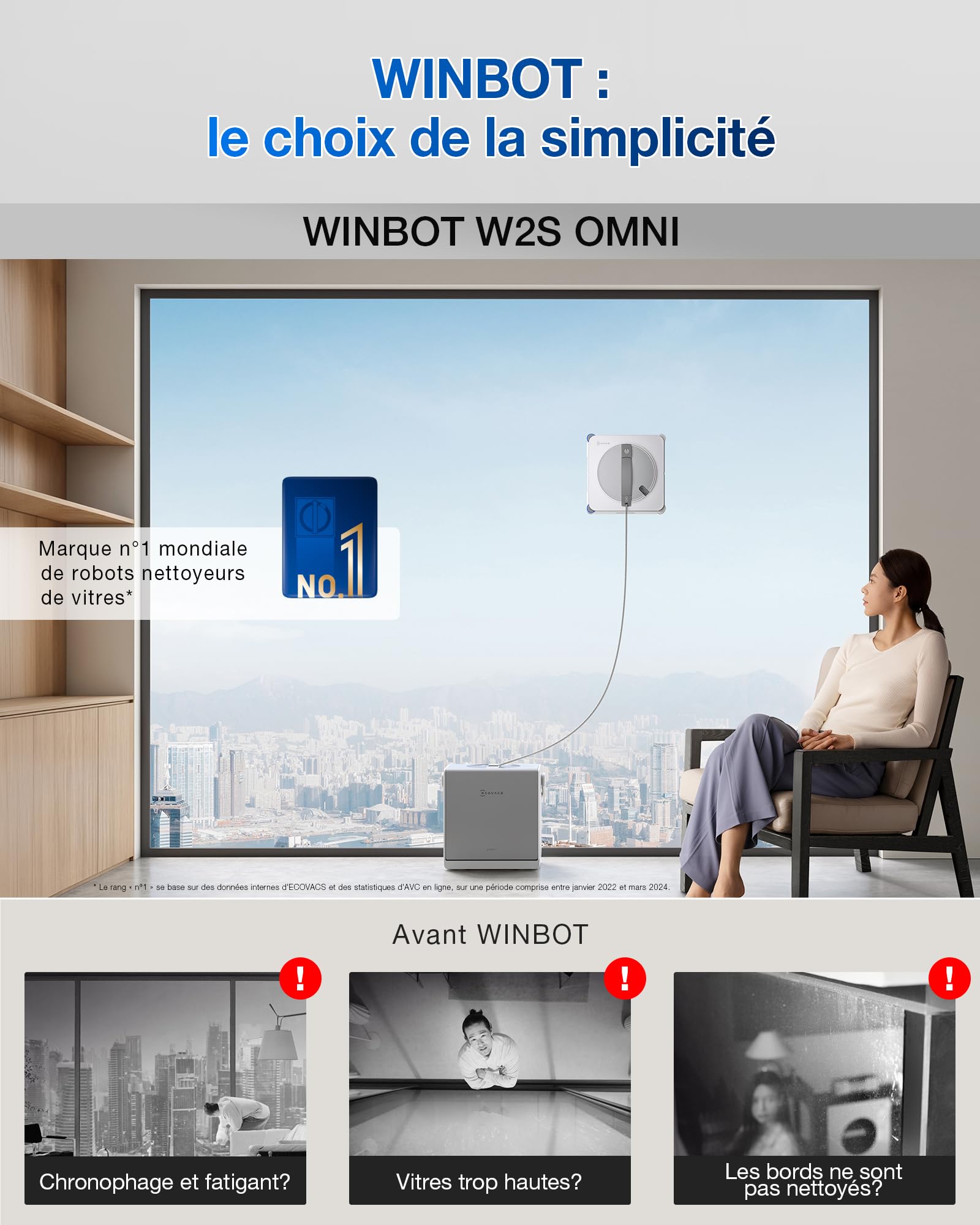 ECOVACS WINBOT W2S Omni Robot Nettoyeur de vitres avec Station, Nettoyage Intelligent Bord à Bord avec la TruEdge™, Charge en Fonctionnement, pulvérisateur d'eau 3 Jets, Protection 12 Niveaux