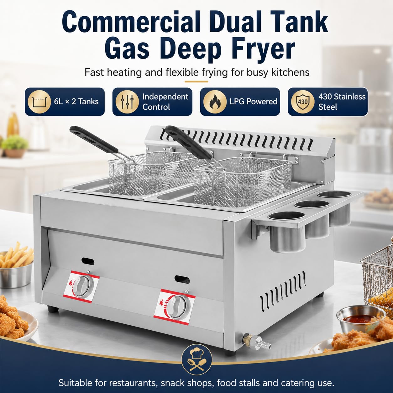 Friteuse à gaz double - 2 x 6 l - En acier inoxydable - Panier amovible - Contrôle de la température indépendant - Friteuse à graisse avec gobelet à épices - Pour usage commercial et privé