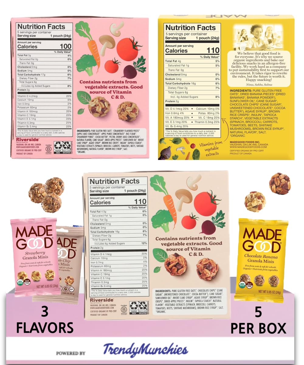 Made Good Organic Healthy Granola Minis (15 Portion Variety Pack), Tree Nut and Peanut Free, Gluten Free, Vegan, Kosher, Chocolate Banana, Strawberry, Chocolate Chip - Packaged with TrendyMunchies Box (3 Flavors Included) (15 Pack Variety Pack, 15 Pack Variety Pack)