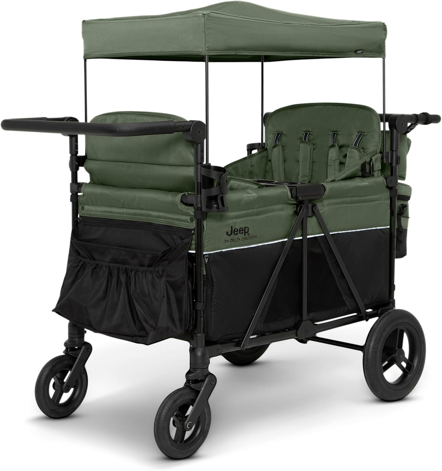 Delta Children - Jeep Wrangler Deluxe 4 Seater Stroller Wagon - Premium Quad Stroller Wagon for 4 Kids with Convertible Seats, Adjustable Push/Pull Handles, Removable Canopy & Flat Fold, Black/Green
