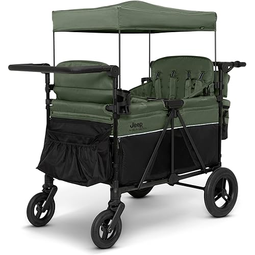 Delta Children - Jeep Wrangler Deluxe 4 Seater Stroller Wagon - Premium Quad Stroller Wagon for 4 Kids with Convertible Seats, Adjustable Push/Pull Handles, Removable Canopy & Flat Fold, Black/Green