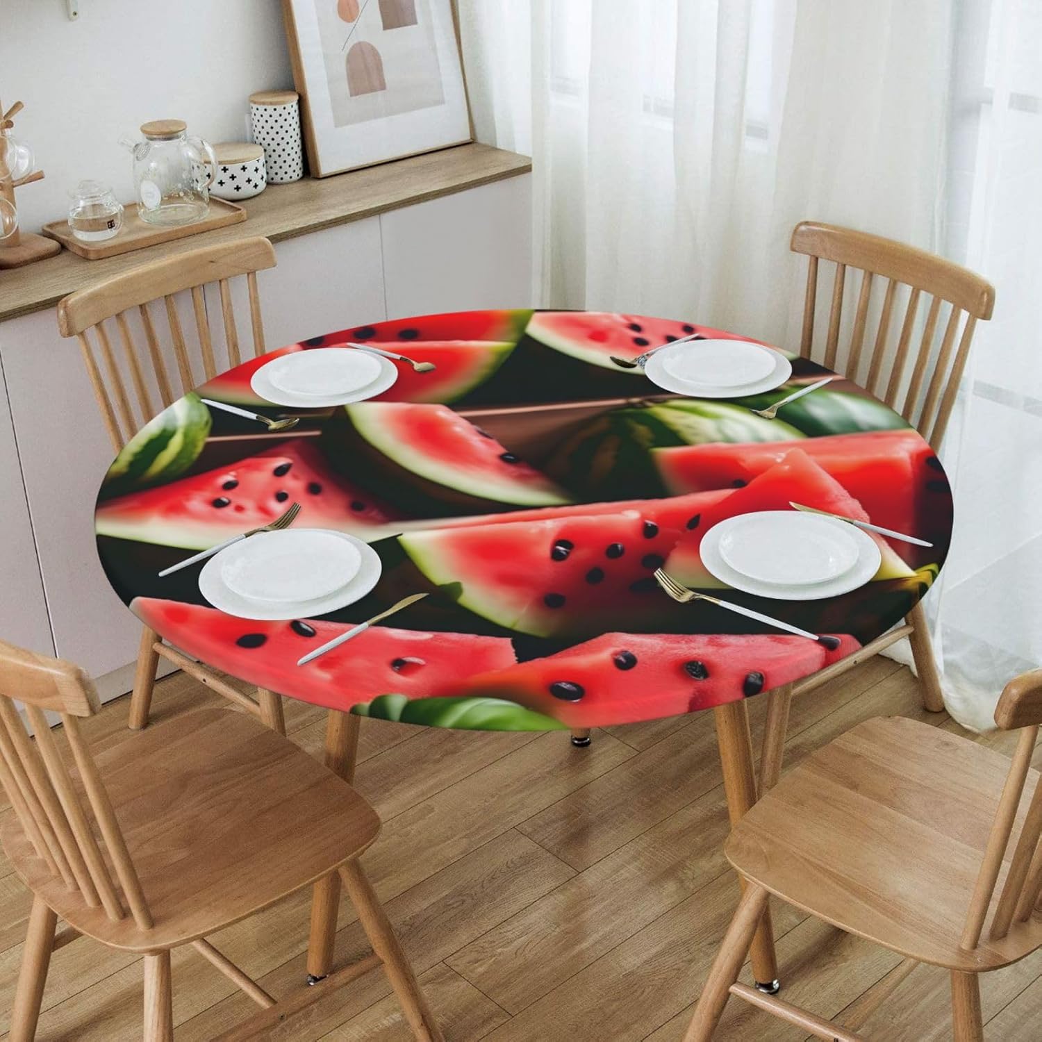 Watermelon Fresh Fruit Print Outdoor Patio Kitchen Decor Supplies Wipeable Round Table Cloth for Indoor Outdoor