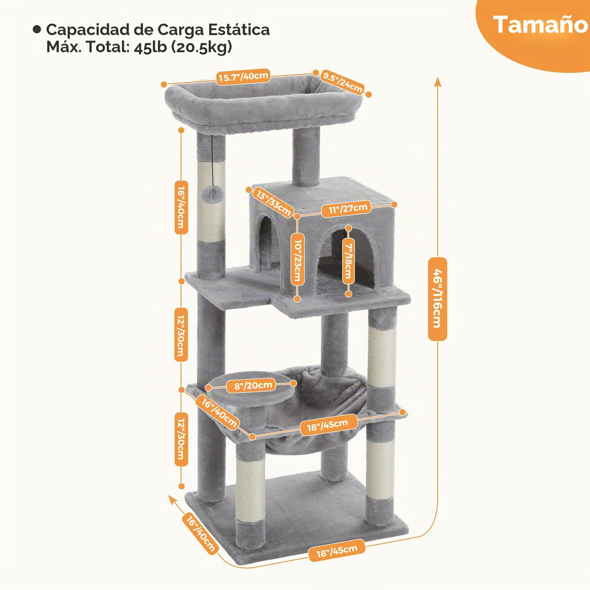PAWZ Road Árbol para gatos con hamaca de peluche de metal, torre para gatos adultos con casa condo de 2 puertas, gris, 116 cm