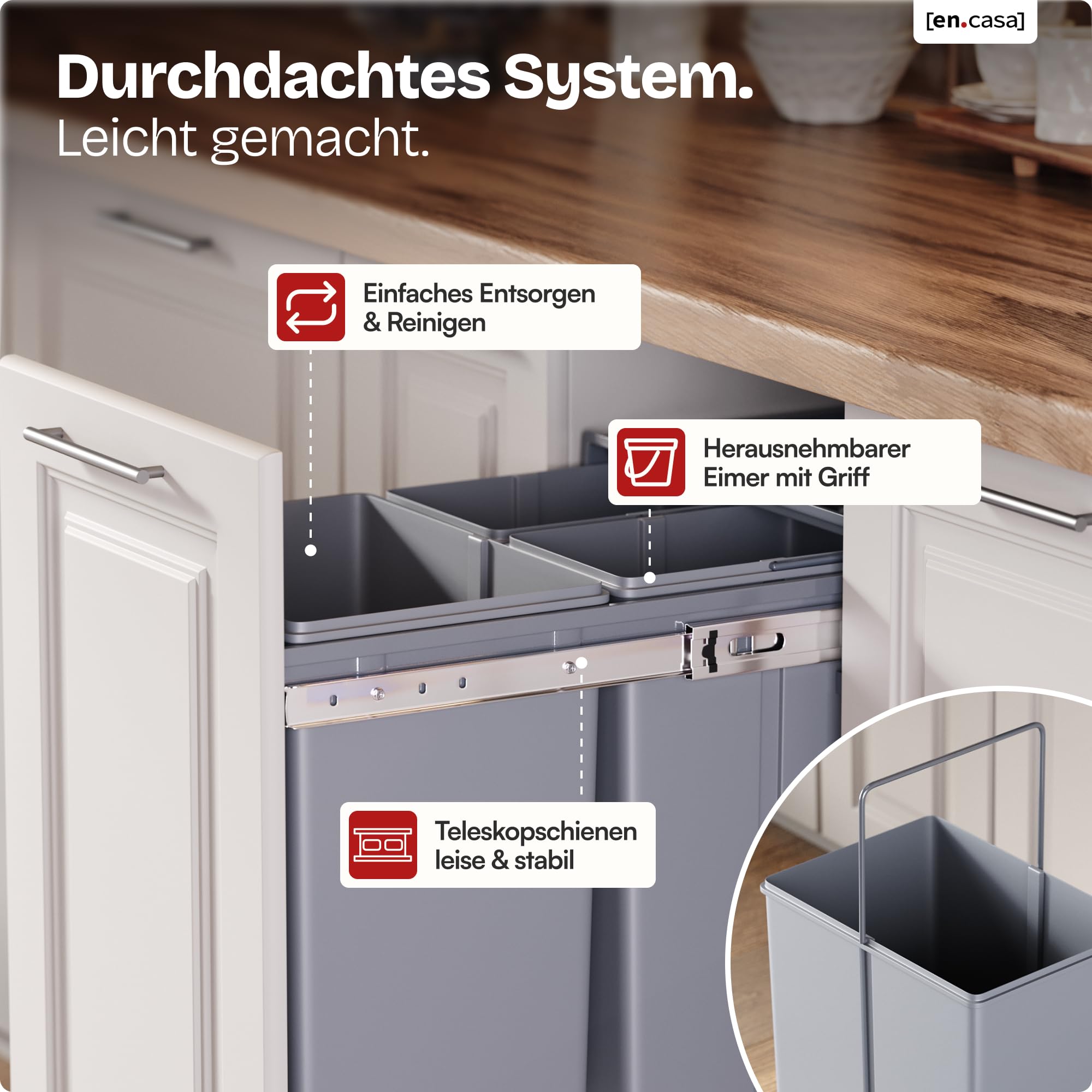 [en.casa] Einbaumülleimer Froland Mülleimer 3 Fächer Mülltrennsystem ausziehbar Abfalleimer Küche 2x10L+1x20L herausnehmbare Behälter 48 x 34 x 42 cm Küchenmülleimer Grau