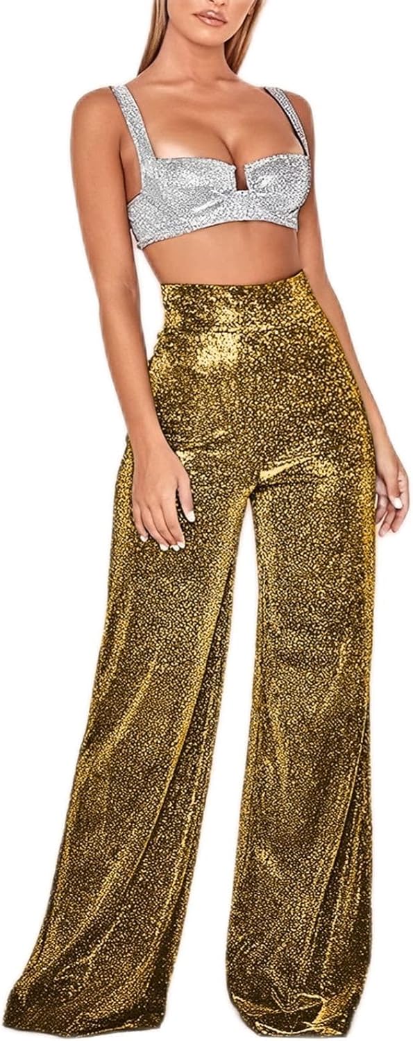 Palazzo broek voor dames, extra lang: glitterbroek, paillettenbroek voor dames, lange zomerbroek, brede broek, stretch, wijde pijpen, zomerbroek, feestbroek, paillettenbroek, elegant, feestelijk