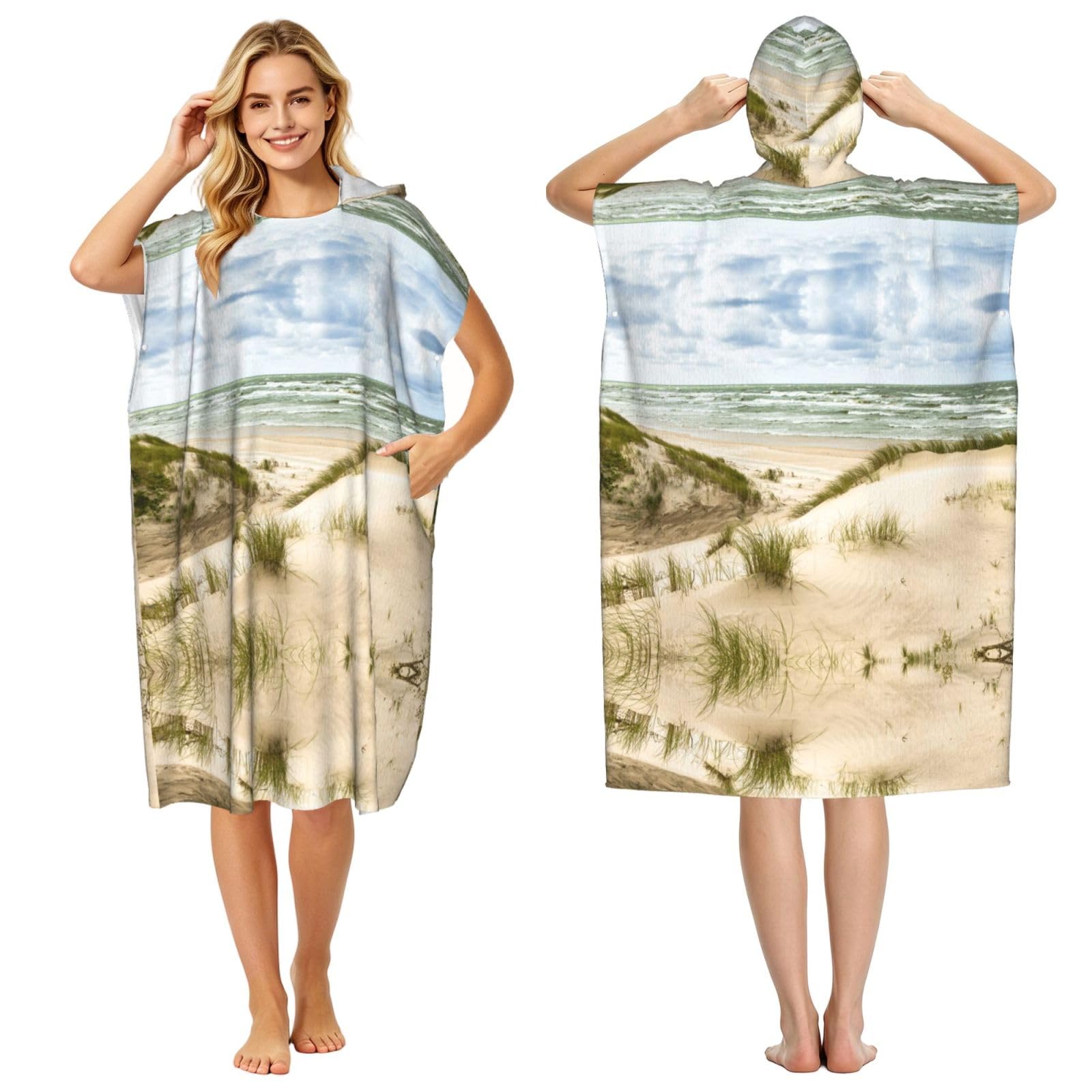 EZDLOWVBA Seaside Grand Tidal Print Hooded Poncho Microfiber Beach Towel,Adult Women & Men Changing Robe,Lightweight Summer Surf Swim Bath Poncho Towel