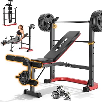 OPPSDECOR Folding Weight Bench Set with Preacher Curl Pad, Adjustable Bench Press with Leg Extension and Leg Curl, Flat Incline Decline Workout Bench for Full Body Weightlifting Gym Bench