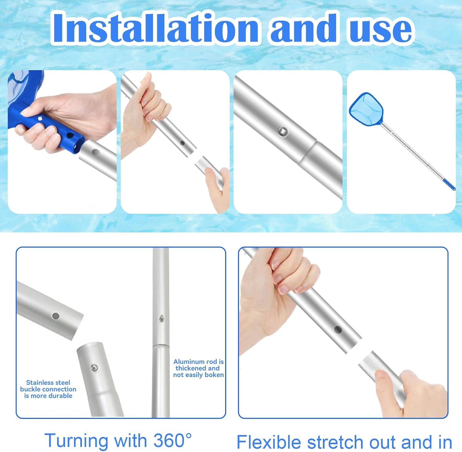 Épuisette de Piscine à Mailles Fines 172 cm de Long,Épuisettes de Surface pour Piscine,Kit Nettoyage avec Brosse de Piscine et Chiffon,pour Spas, Fontaine, Étang Nettoyage