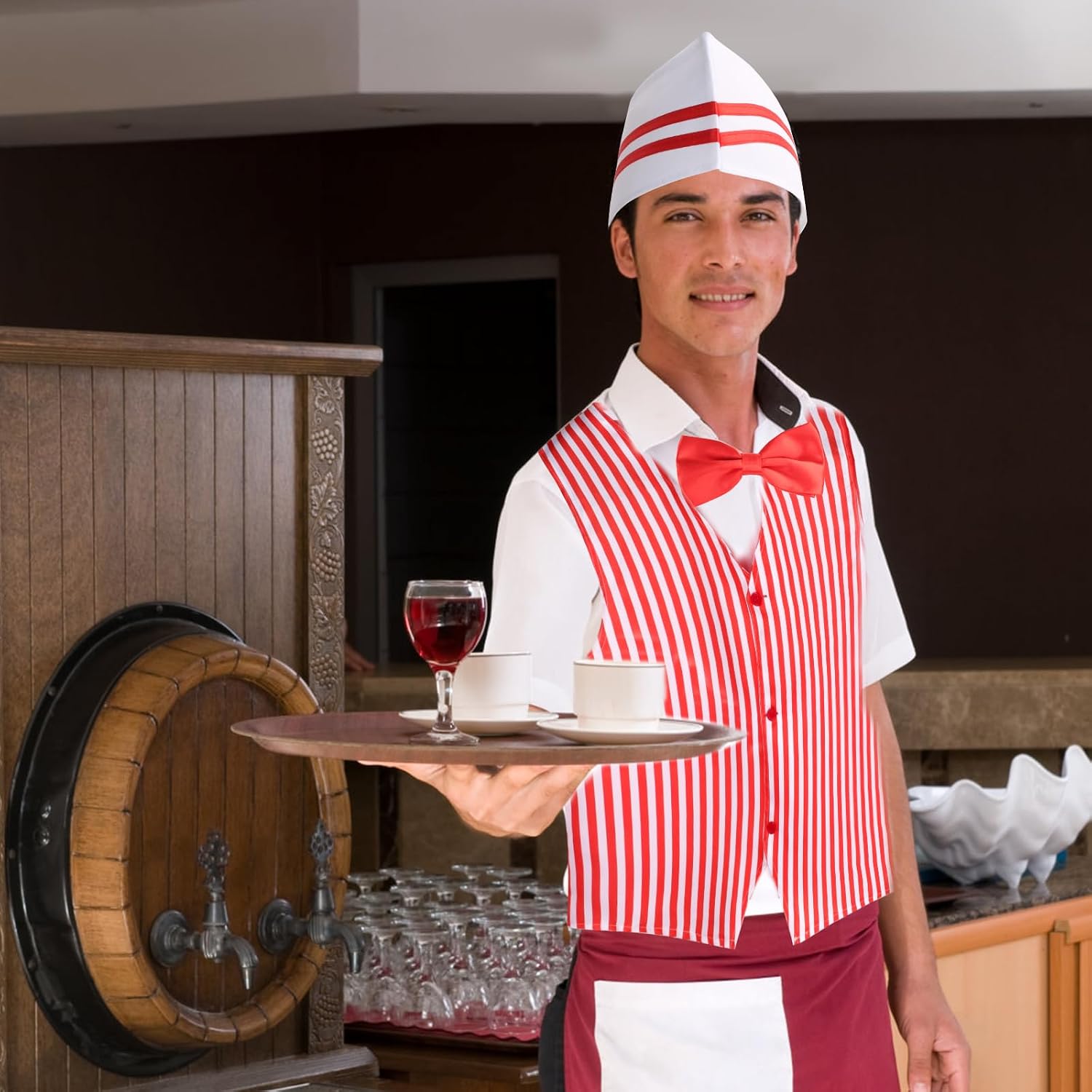 Kyson 1950s Waiter Costume Kit Vintage Carnival Circus Outfit Soda Jerk Ice Cream Hot Dog Man Costume With Hat Vest Bowtie
