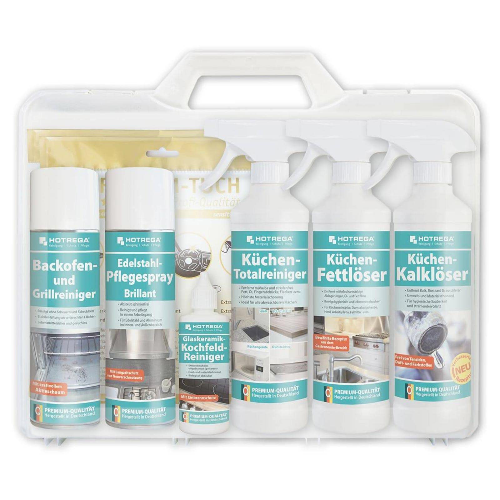 HOTREGA Küchen-Set 8-teilig | Komplett-Reinigung in praktischem Koffer | Pflegeset mit Fettlöser, Edelstahlreiniger & Backofenspray | Inklusive 2 Mikrofasertücher | Deutsche Premium-Qualität