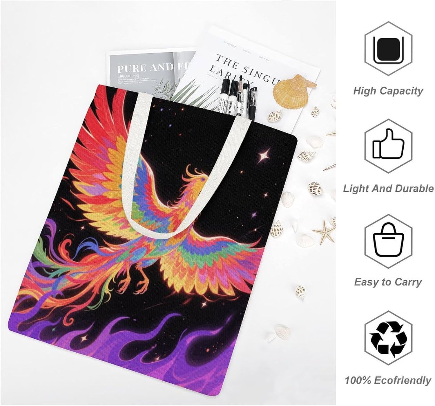 Canvas Tote Bag 16x15 In Lightweight Foldable Shoulder Hobo Purse | Radiant Phoenix, Casual Tote with 10" Strap, Everyday Carryall, for Travel Work Grocery Shopping Beach Mark Gym Yoga