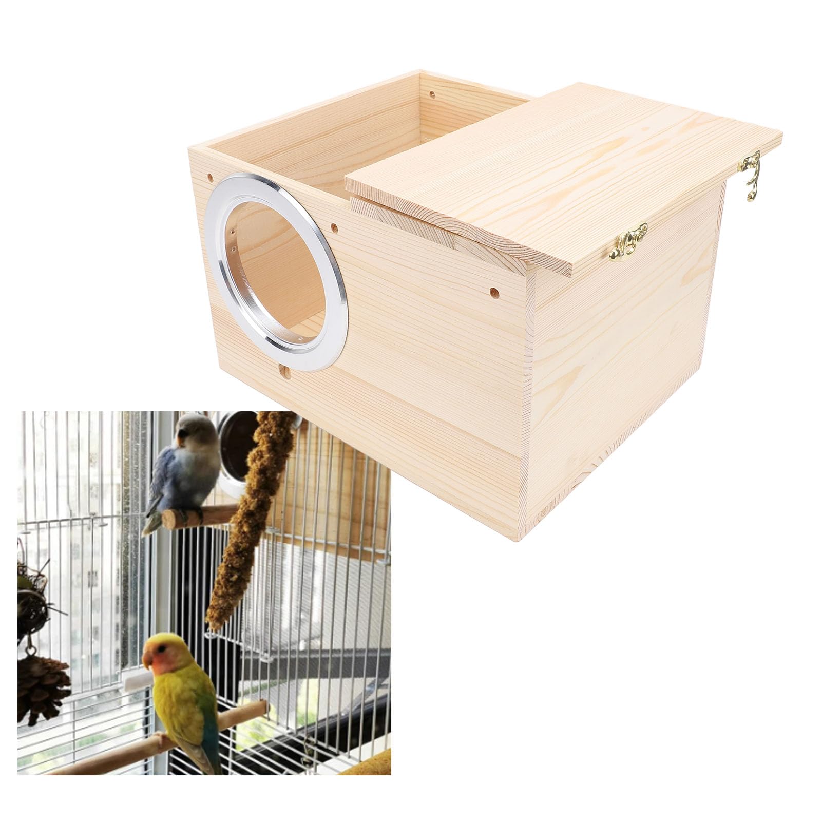 Caja Nido para Periquitos, Casa de Cría de Pájaros de Madera Maciza de 11,81x9,84x7,87 Pulgadas con Gancho de Bloqueo para Periquitos, Agapornis, Cacatúas