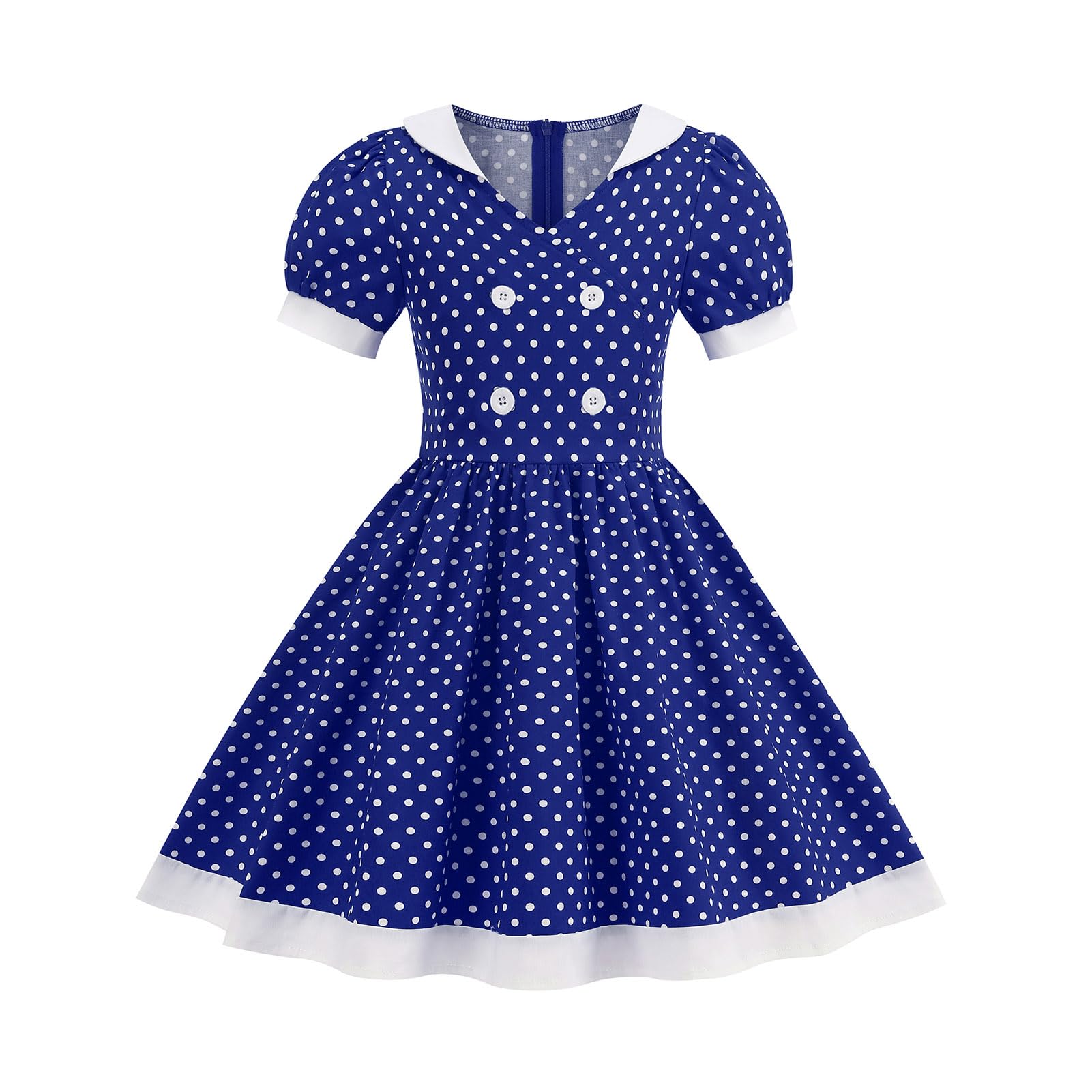 1950s Vintage Dresses for Girls Kids Lapel Collar 50s Polka Dot Dress Double Breasted Audrey Hepburn Rockabilly Swing Dress