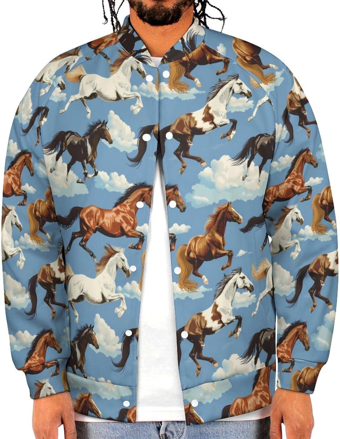 Horse Racing Novelty Men's Baseball Jackets Causal Sweatshirt Button Top Long Sleeve Coat