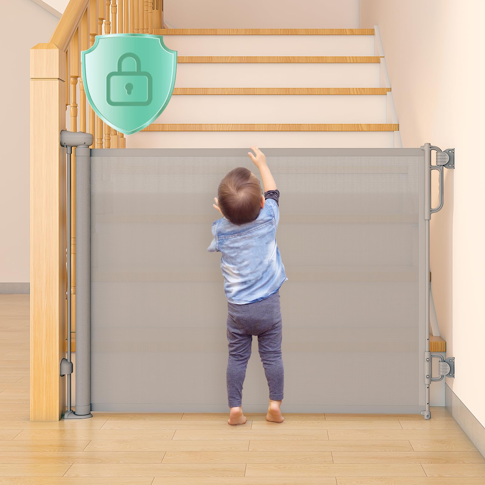Momcozy Auto Lock Retractable Baby Gate, Safety Gate for Baby and Pet, 33” Tall, Extends to 55” Wide, Mesh Safety Dog Gate for Stairs, Indoor, Outdoor, Doorways, Hallways
