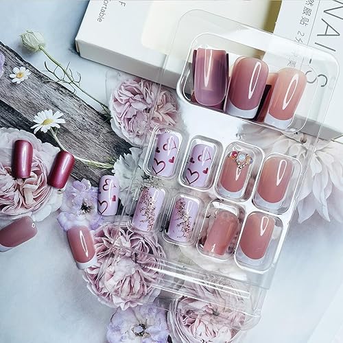 Miniatura 5 de Uñas postizas cuadradas cortas a presión, 24 unidades, con diseño de lámina dorada, pegamento brillante, uñas acrílicas para el día de San Valentín,