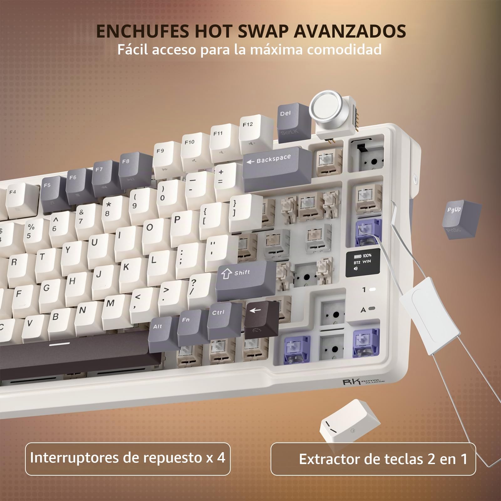 RK ROYAL KLUDGE L98 Teclado mecánico inalámbrico con diseño de paja southpaw para zurdos, botón intercambiable en caliente, teclado trimodo 95% BT/2.4G/USB-C, Pro software, montaje Gasket, batería