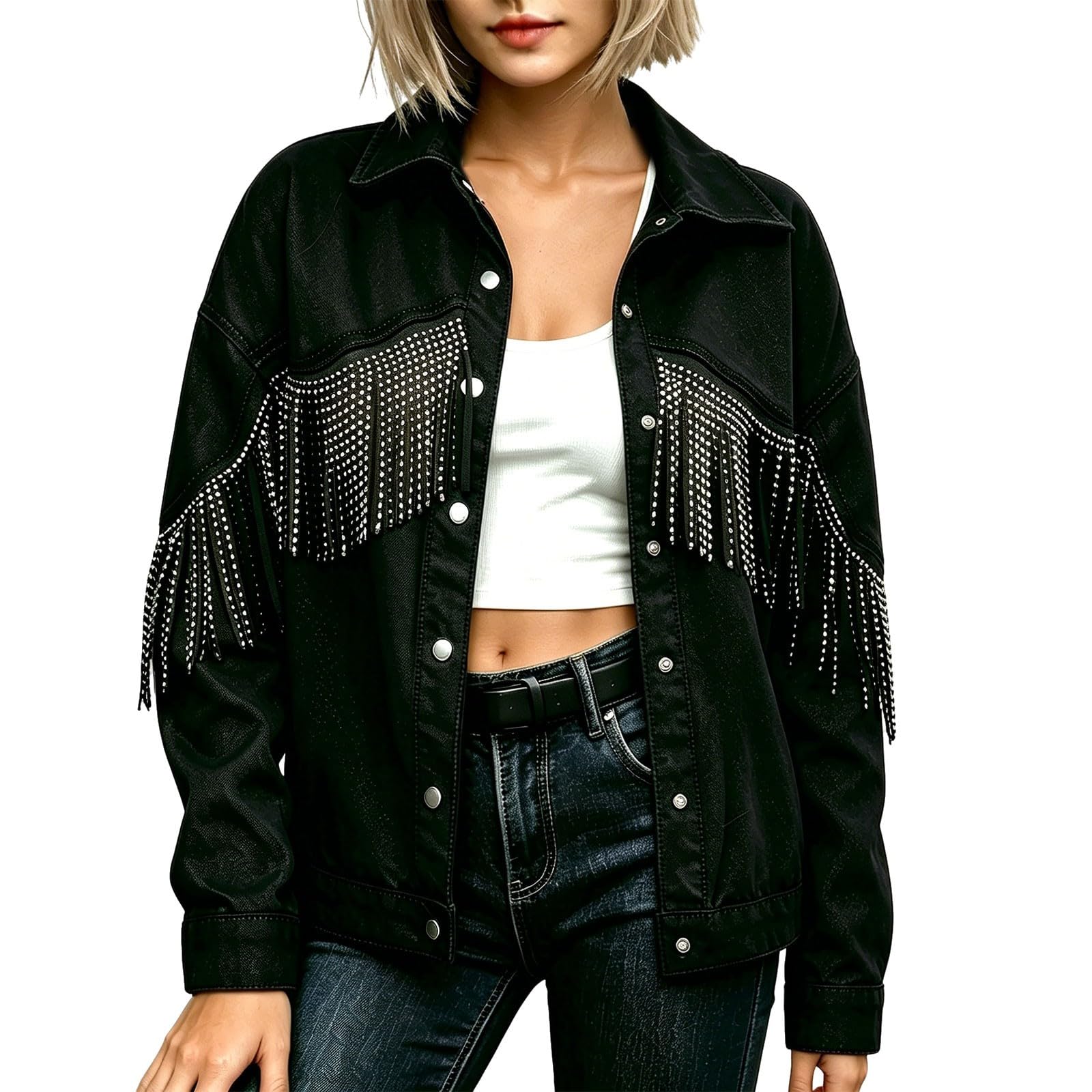 Generisch Chaqueta vaquera para mujer, diseño de solapa, para tiempo libre