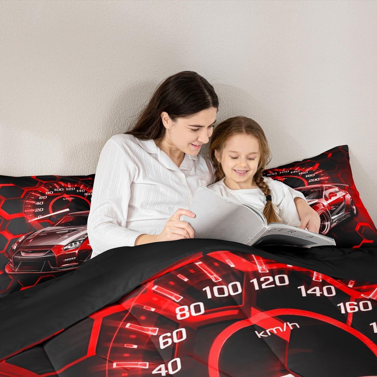 jejeloiu Race Car Comforter Set Twin Size Kids Speed Sports Car Bedding Set for Boys Girls Teens Adults, Red Honeycomb Duvet Quilt Breathable Soft Lightweight Automobile Room Decor 2Pcs