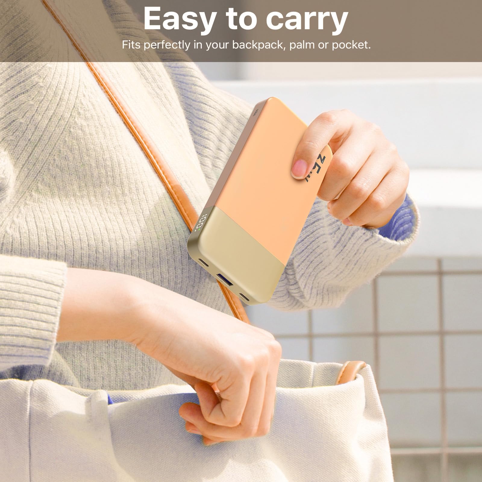 Cargador portátil NOBIS, Power Bank de 10000mAh con Carga rápida, Banco de batería con Cable C a C, Banco de batería con Pantalla Digital para Phone, Pad, Android, etc. (Naranja, 35W)