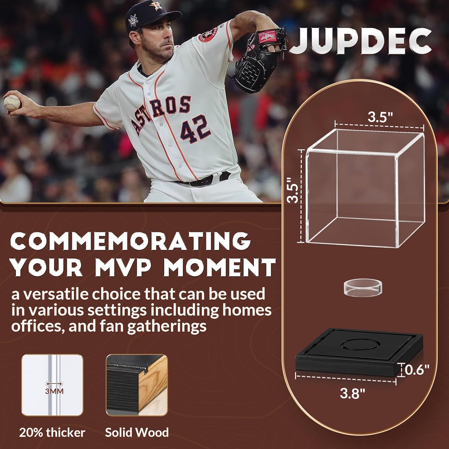 JupDec Baseball Display Case, Clear Cube Baseball Holder with Wooden Base, Autograph Baseball Stand Box for Single Ball, Acacia Wood, Black, 1 Pack - Image 5