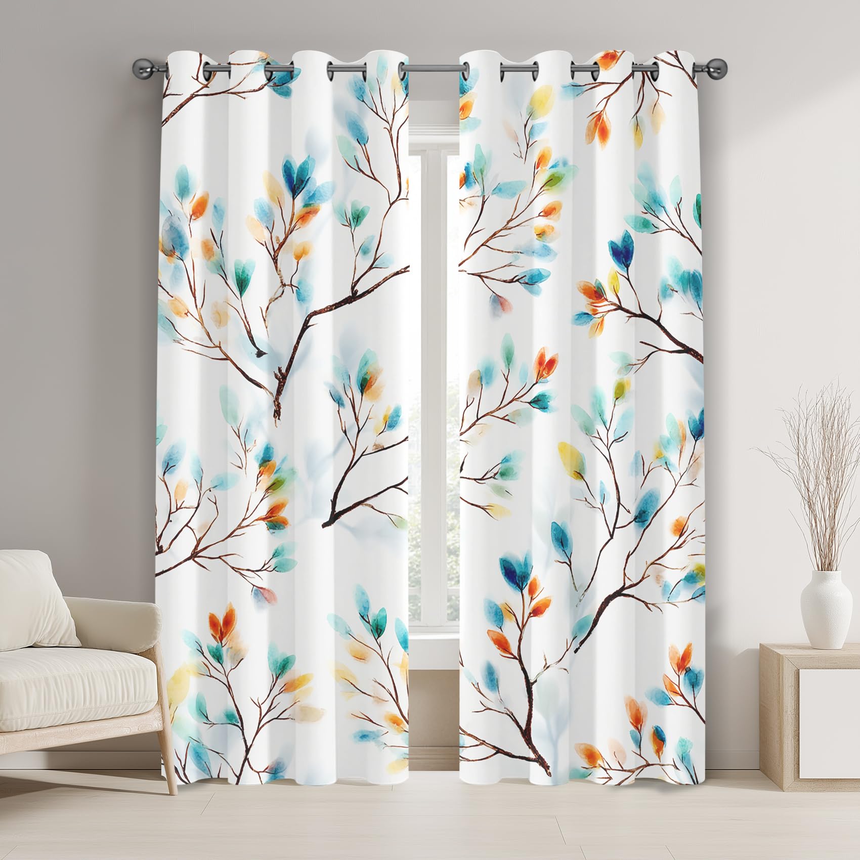 Generisch Bunt Blätter Vorhänge Blickdicht, Boho Blume Gardinen mit Ösen für Wohnzimmer Schlafzimmer, Thermovorhang Kälteschutz Fenster 2er Set H 137 x B 117 - Sd&i294