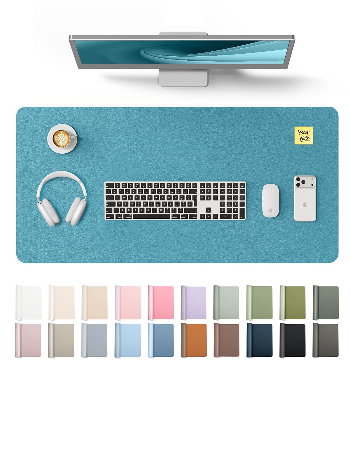 YSAGi Leather Desk Pad Protector, Office Desk Mat, Large Mouse Pad, Non-Slip PU Leather Desk Blotter, Laptop Desk Pad, Waterproof Desk Writing Pad for Office and Home (Turquoise, 31.5" x 15.8")