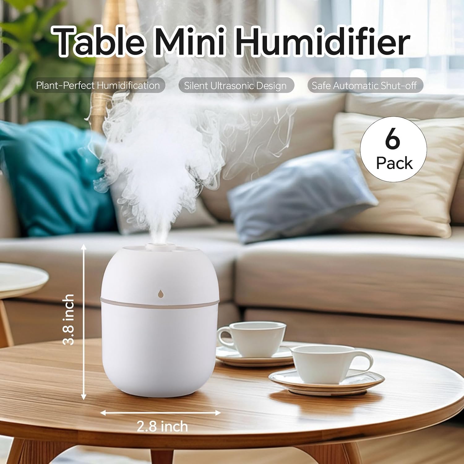 Hortsun 6 Pcs Portable Small Humidifier USB Personal Desktop 220 ml Mini Humidifier for Bedroom Plants Car Office Room Home Travel (White)