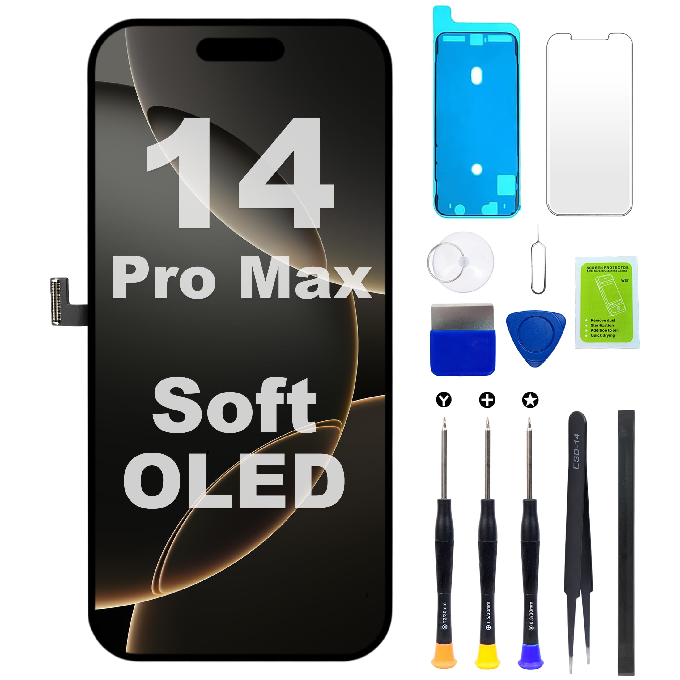 Soft OLED Screen Replacement for iPhone 14 Pro Max,6.7 inch [NOT LCD],3D Touch Full HD Display Digitizer Assembly with Repair Tools Kit, TrueTone and Face ID Surport
