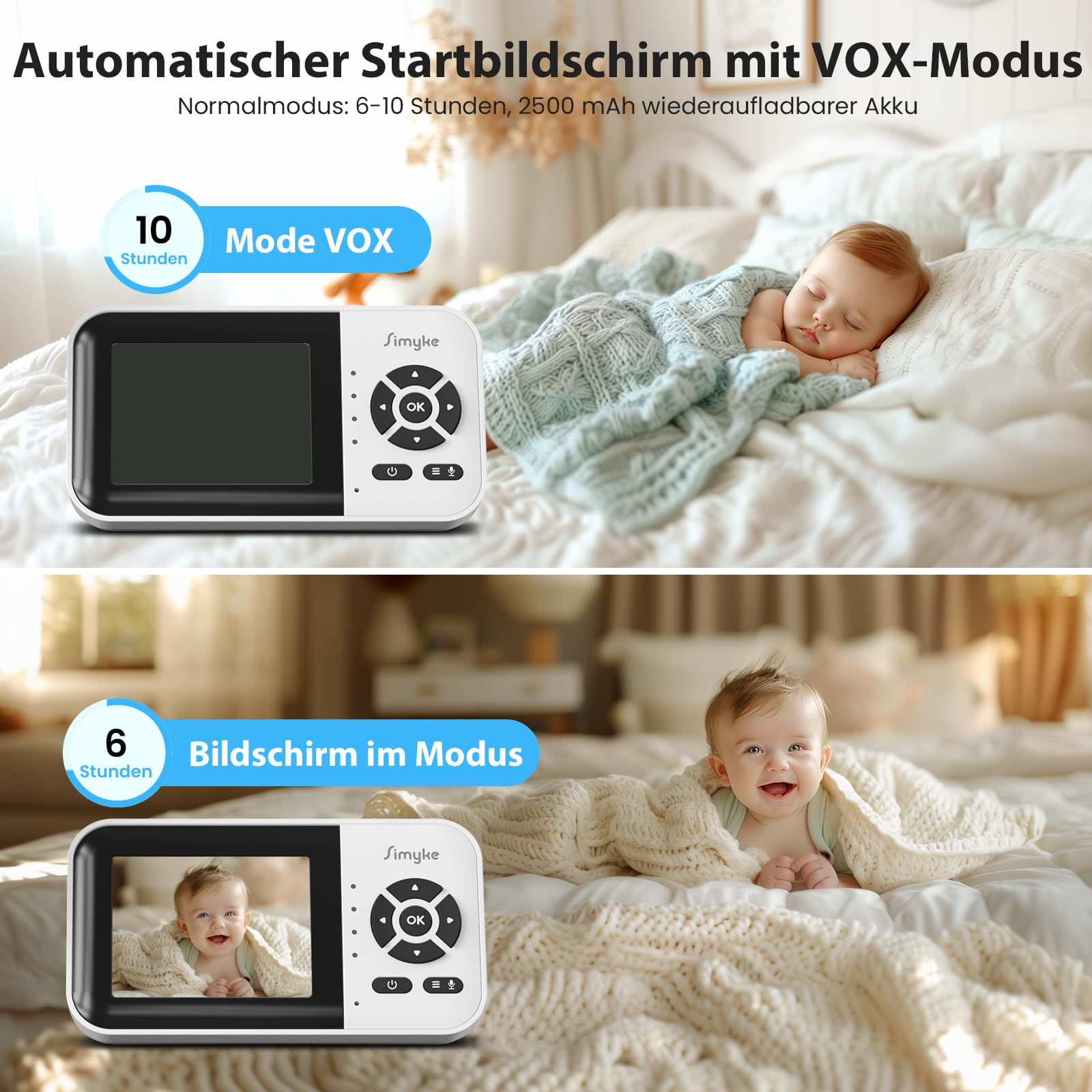 Generisch Simyke Babyphone, Dual-Modus Baby Monitor mit 1080p App & 2,8 Zoll Display, KI-Klang- und Bewegungserkennung, 10 Std. Streaming, 457 m Reichweite, Nachtsicht, Zwei-Wege-Kommunikation